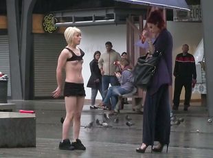 Complete whore Silvia Rubi is undressed and humiliated in public