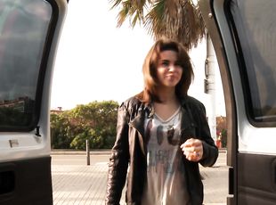Sweet brunette gets her pussy fucked by a taxi driver in the car